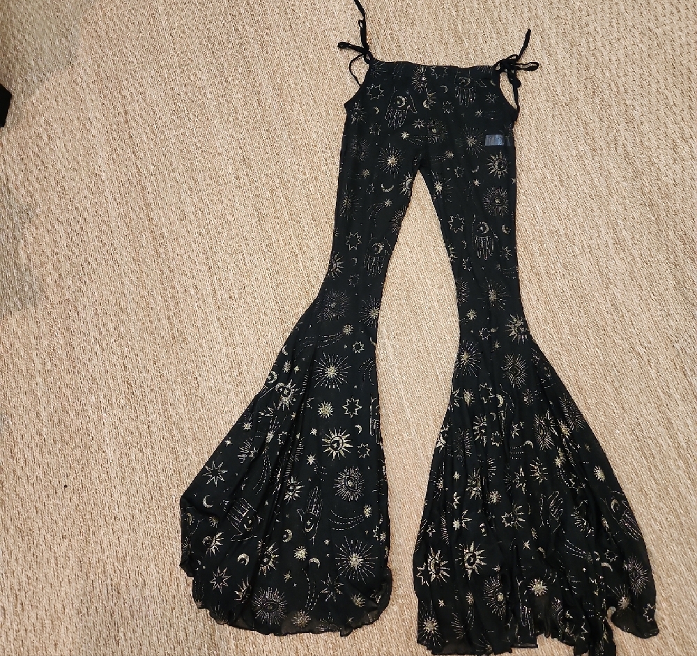 Dolls Kill Black Sheer Flare Pants with Gold Pattern SIZE S NWT